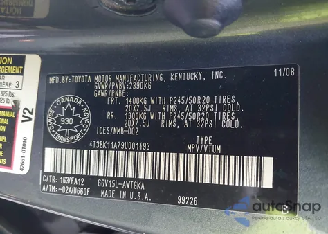 2009 Toyota Venza Base V6 из США, поврежденный, VIN 4T3BK11A79U001493